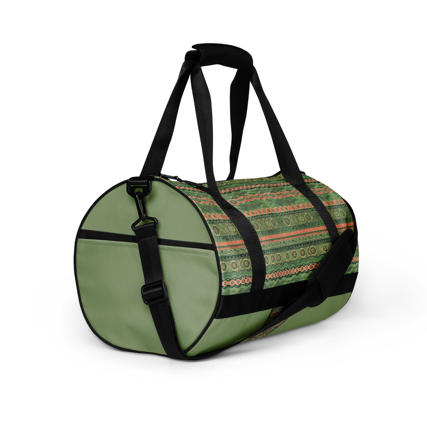 Right front of green and pink print gym bag