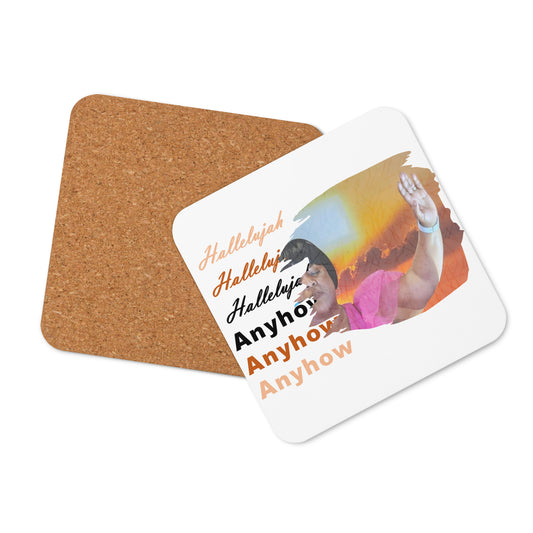 Cork-back-coaster with burgundy flowered background and text saying 'Hallelujah Hallelujah Hallelujah Anyhow Anyhow Anyhow'