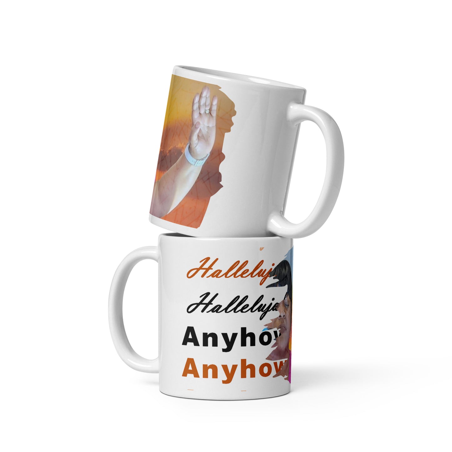 Two views of the mug, top mug is right view of a raised hand on white and brown-shaded background, bottom mug is left view of text saying 'Hallelujah Hallelujah  Anyhow Anyhow'