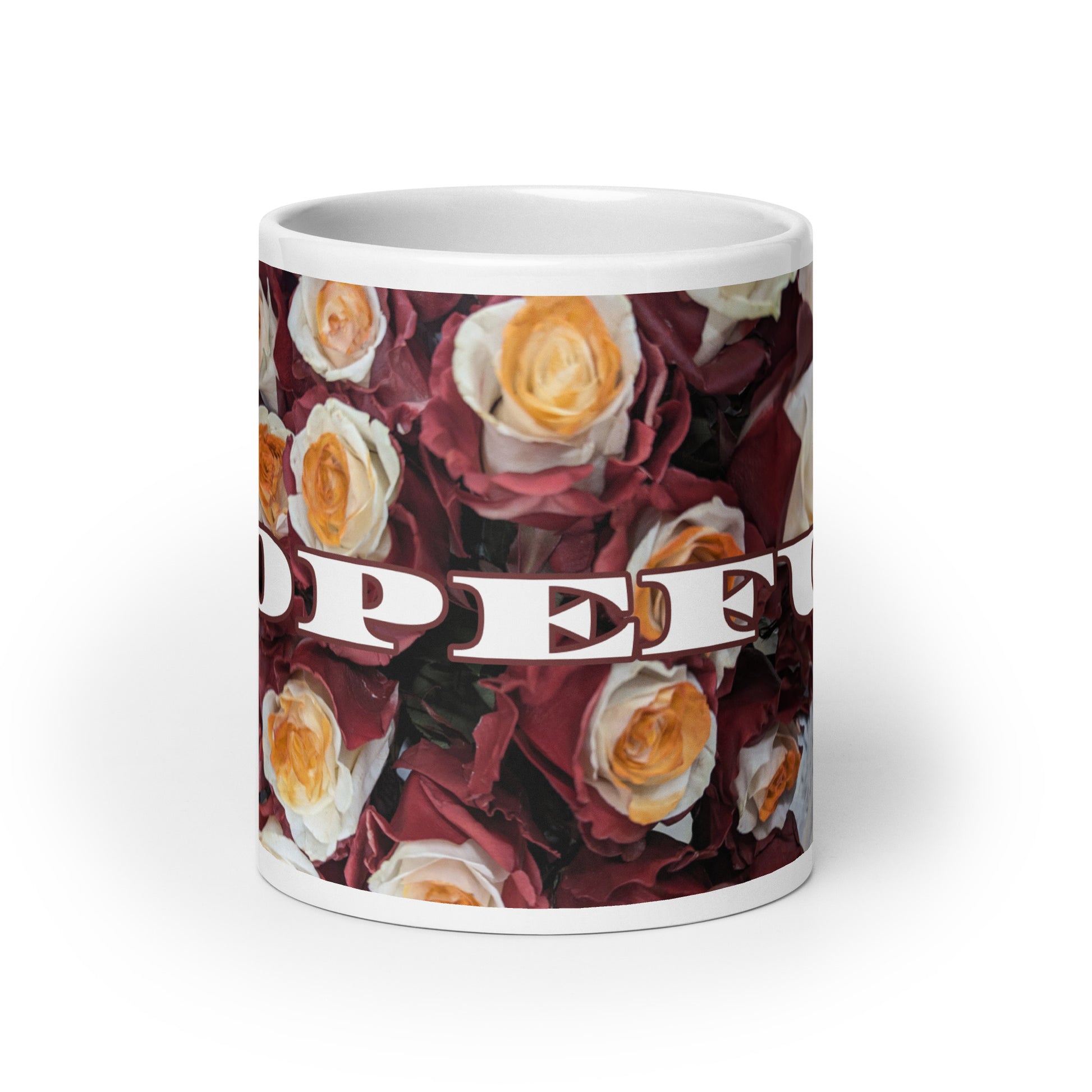 Front view of 20 oz white glossy mug with burgundy flowered background and text saying 'hopeful' across front in white text