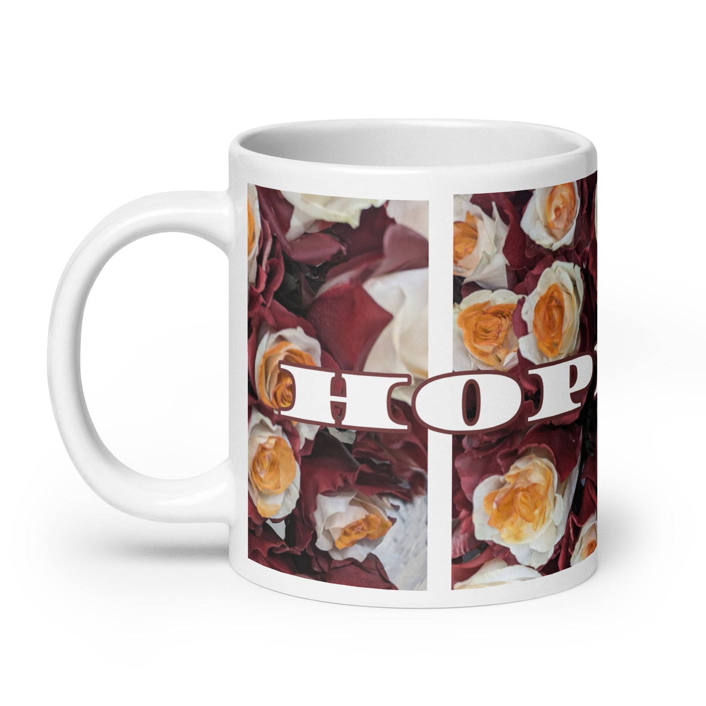 Left view of 20 oz white glossy mug with burgundy flowered background and text saying 'hopeful' across the front in white text