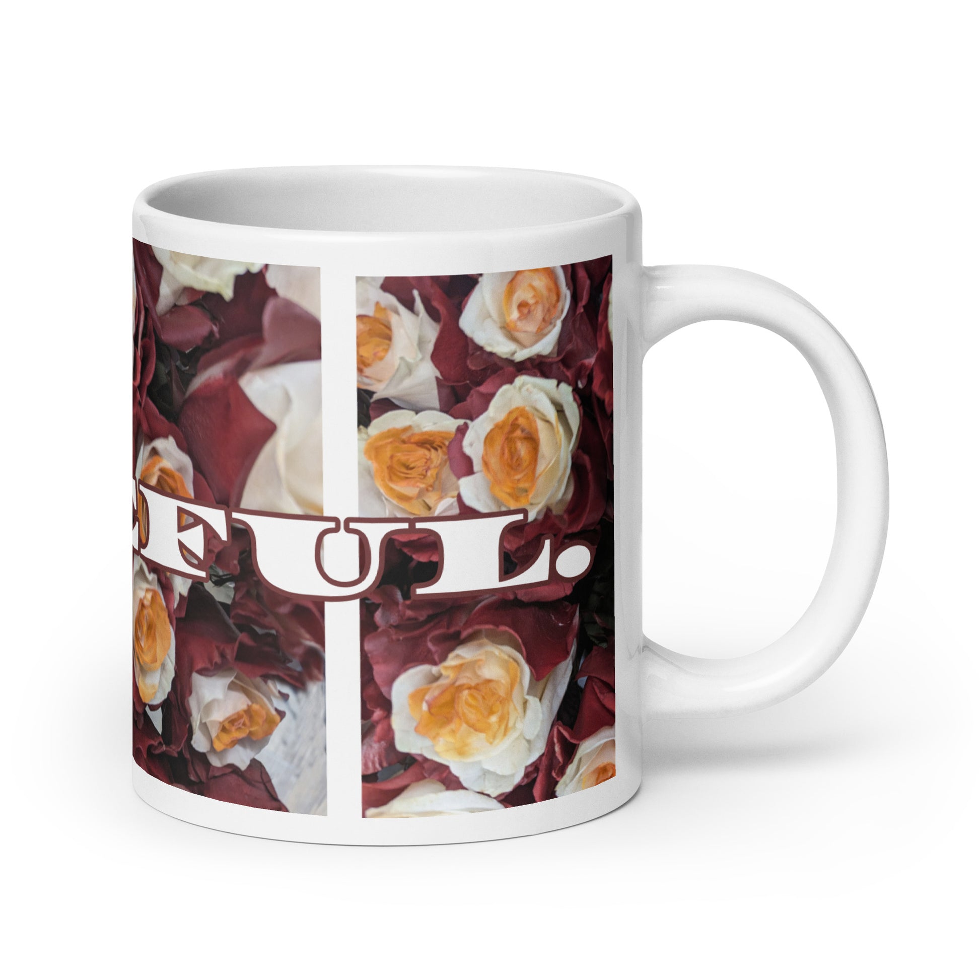 Right view of 20 oz white glossy mug with burgundy flowered background and text saying 'hopeful' across the front in white text