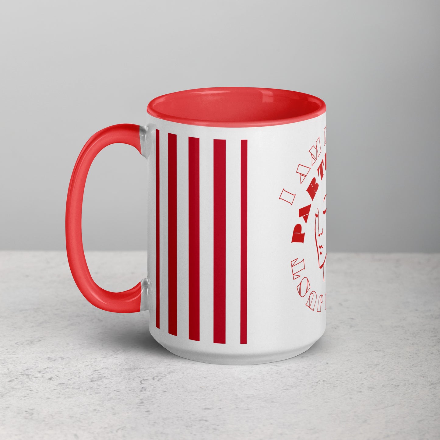 Right view of white mug with red inside and 4 vertical lines, a partial view of outline of woman's face and text saying 'I am' above the image and 'Just' below on the outside, all in red