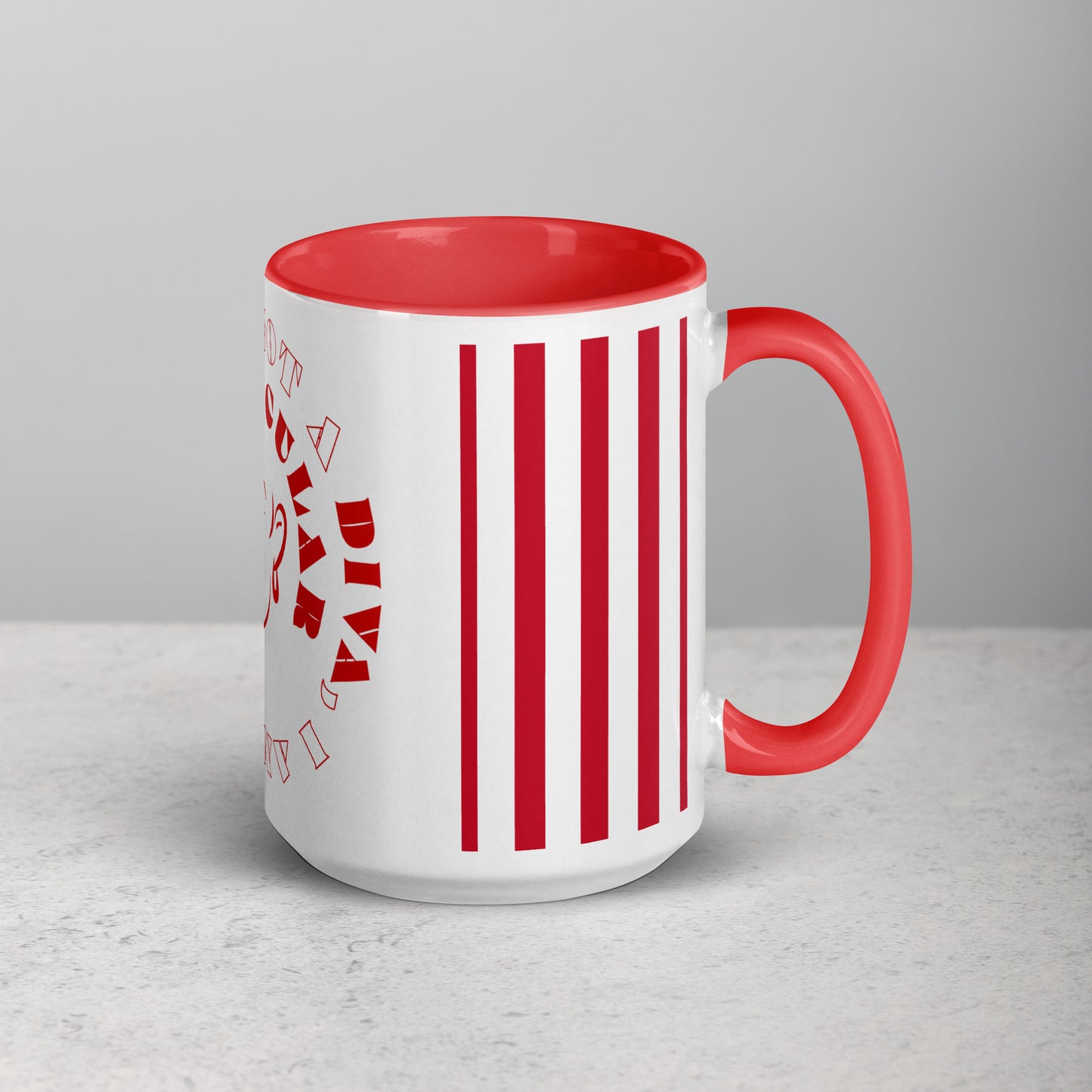 Right view of white mug with red inside and 4 vertical lines, a partial view of outline of woman's face and text saying 'a Diva above the image and 'I am' below on the outside, all in red