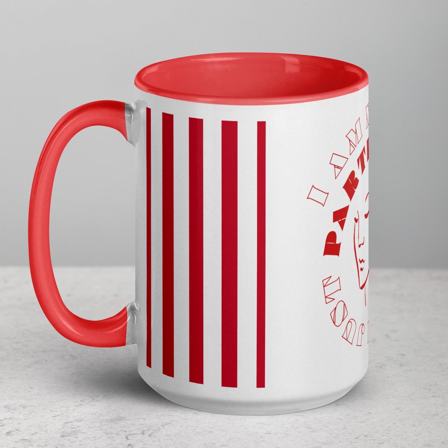 Left view of white mug with red inside and 4 vertical lines, a partial view of red outline of woman's face and red text