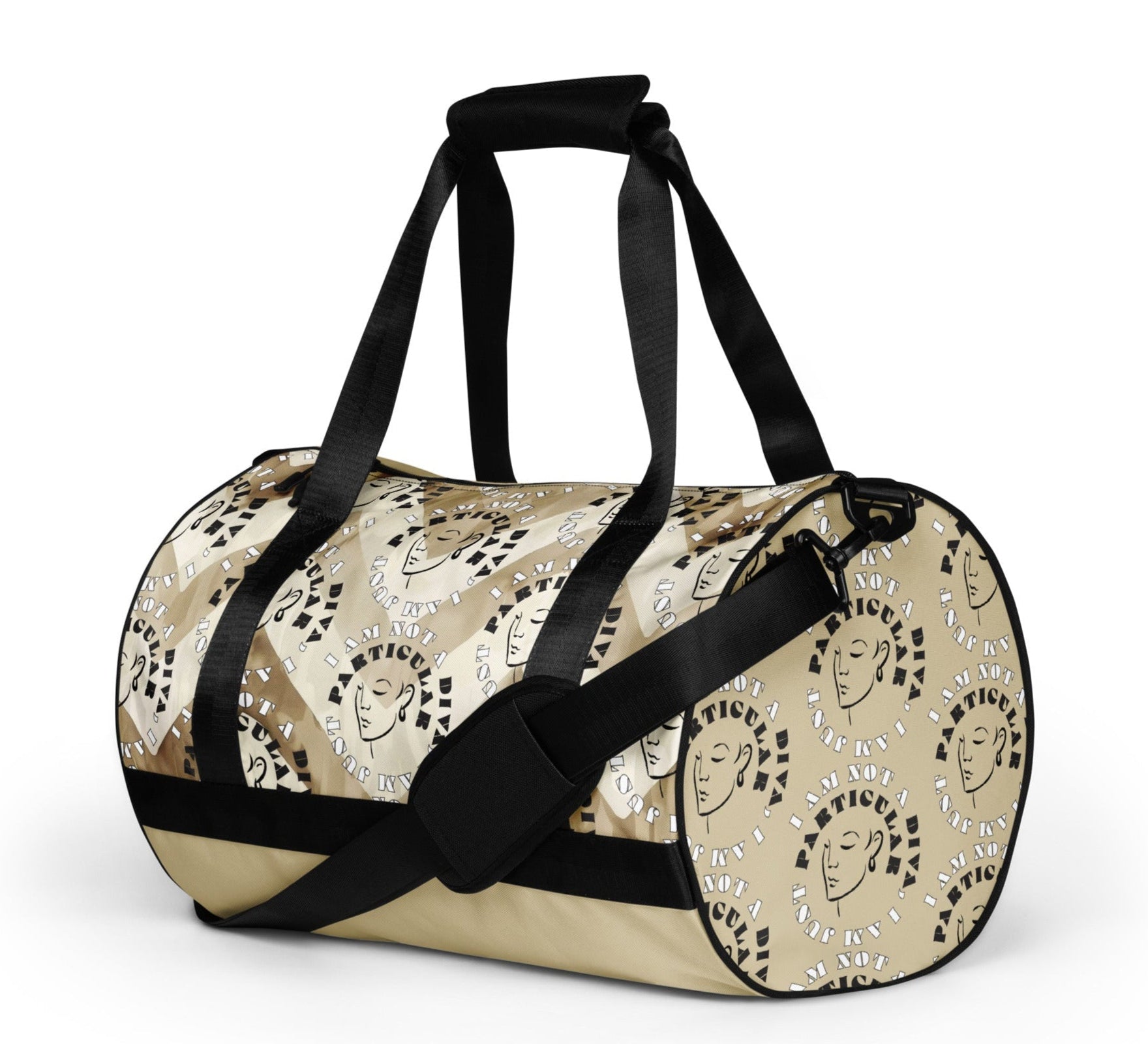 Left front of beige print gym bag with icons of woman's face and text saying 'I am not a diva, I am just particular'