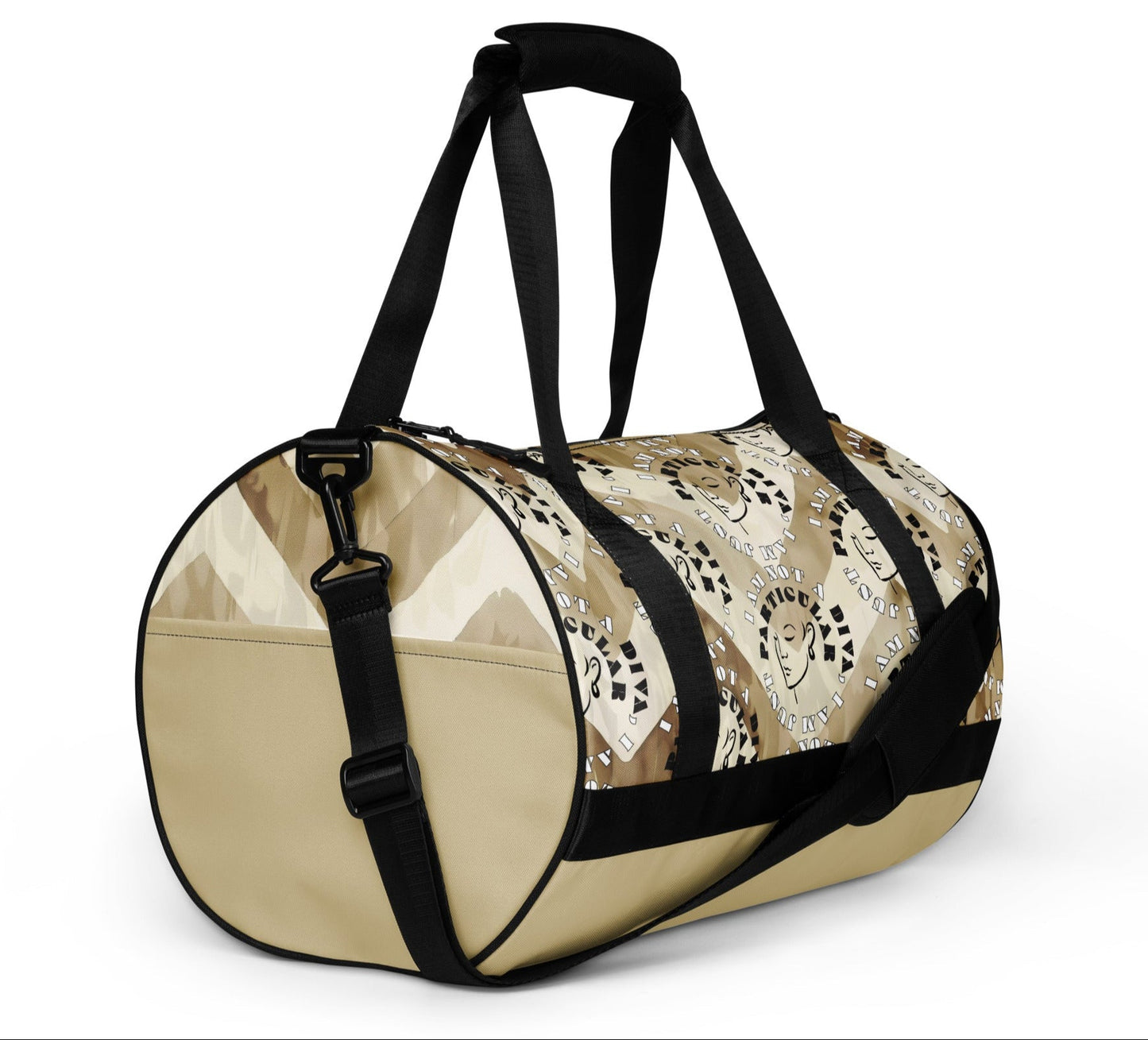 Right front of beige print gym bag with icons of woman's face and text saying 'I am not a diva, I am just particular'