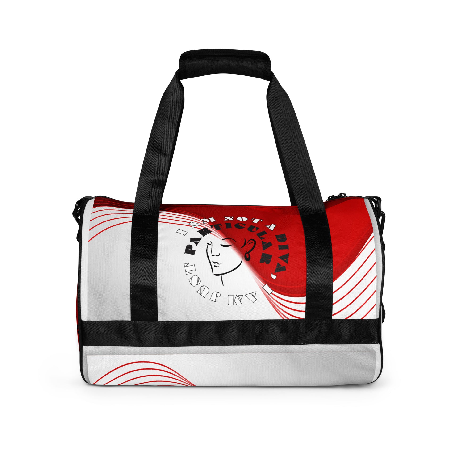 Back of red and white print gym bag with icon of woman's face and text saying 'I am not a diva, I am just particular'