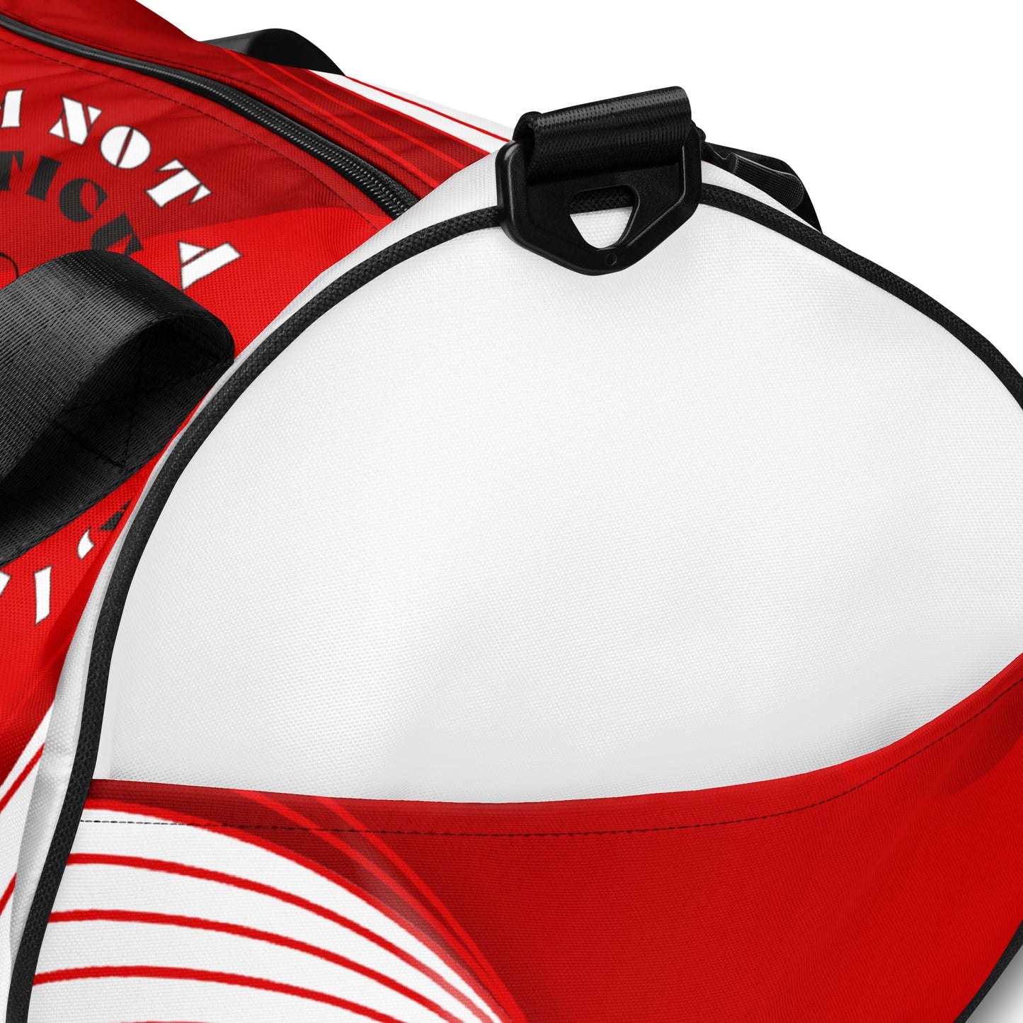 Detail of red and white 'I am not a diva, I am just particular' print gym bag