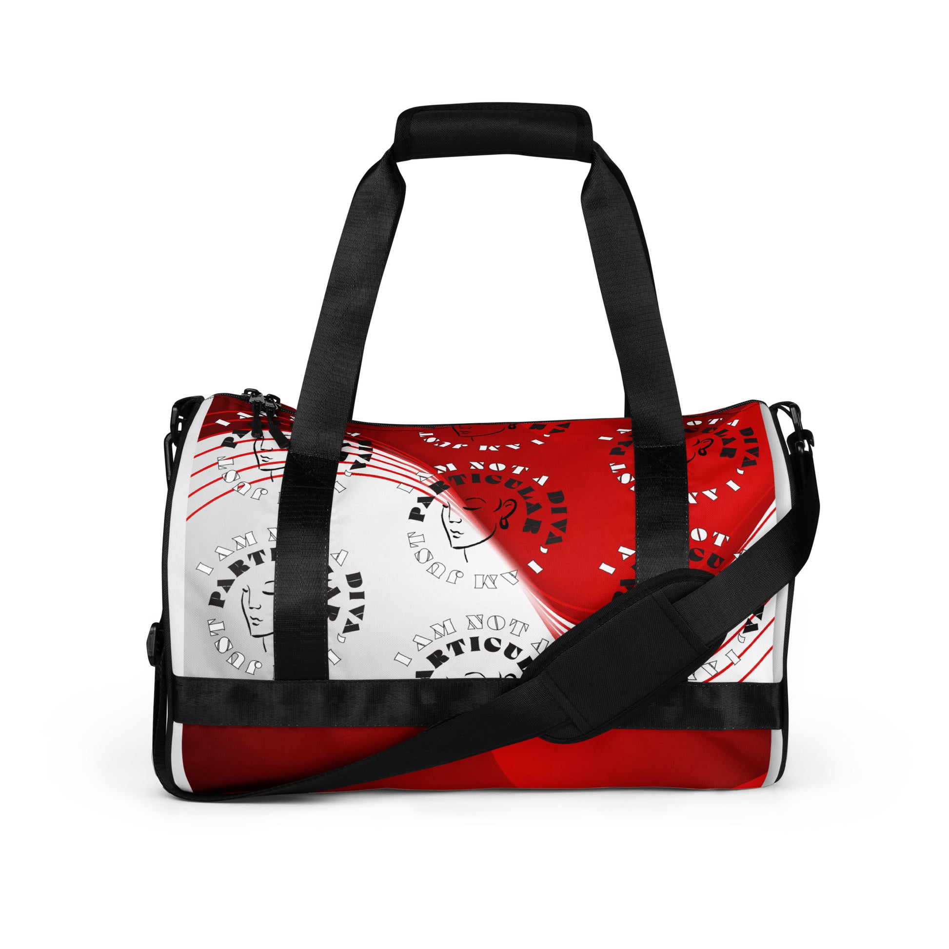 Front of red print gym bag with icons of woman's face and text saying 'I am not a diva, I am just particular'