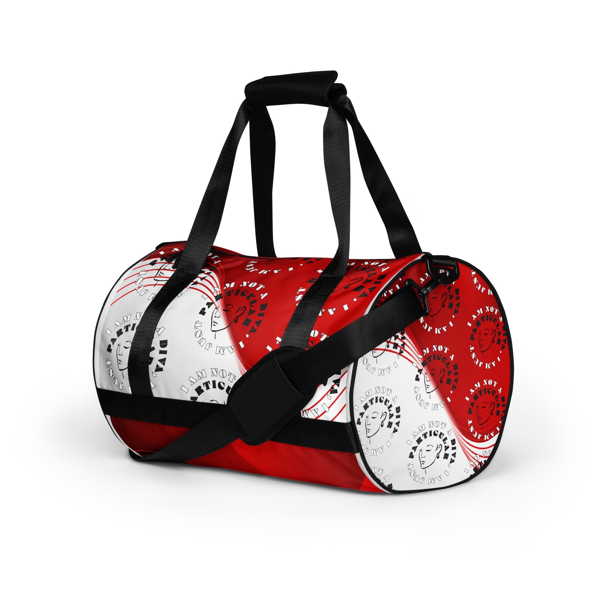 Left front of red and white print gym bag with icons of woman's face and text saying 'I am not a diva, I am just particular'