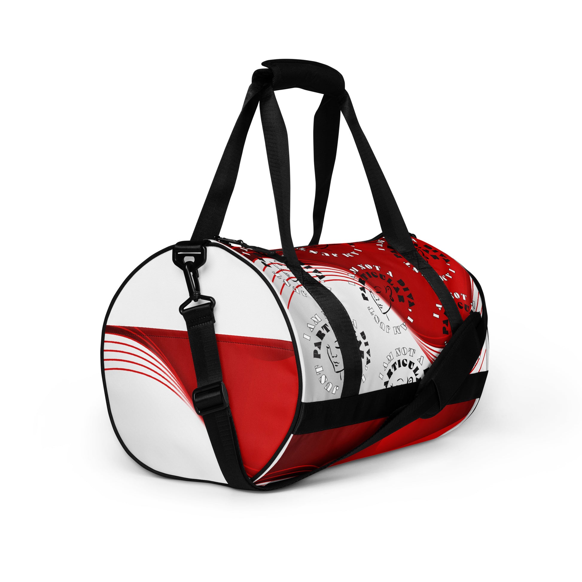 Right front of red and white print gym bag with icons of woman's face and text saying 'I am not a diva, I am just particular'