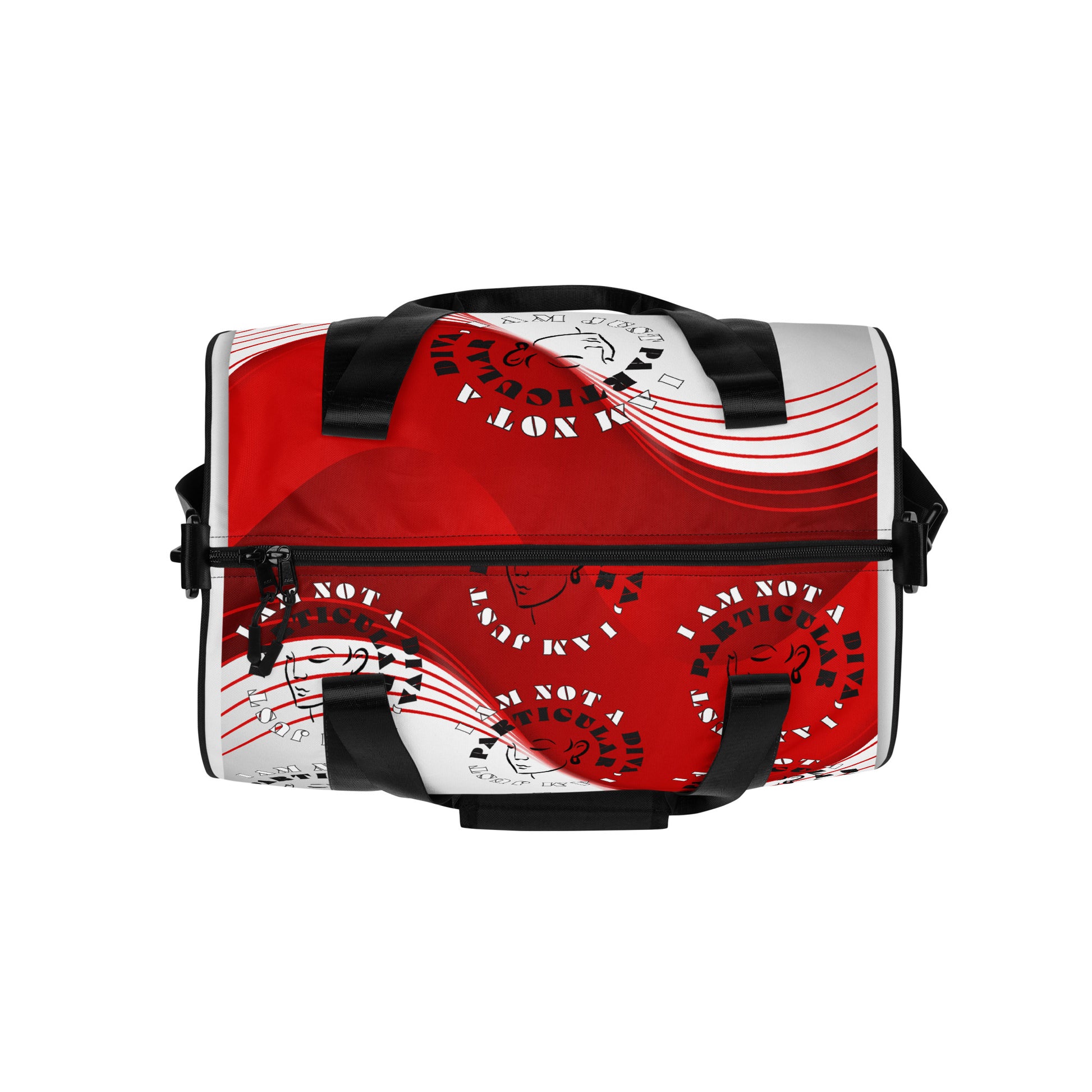 Top of red and white print gym bag with icons of woman's face and text saying 'I am not a diva, I am just particular'