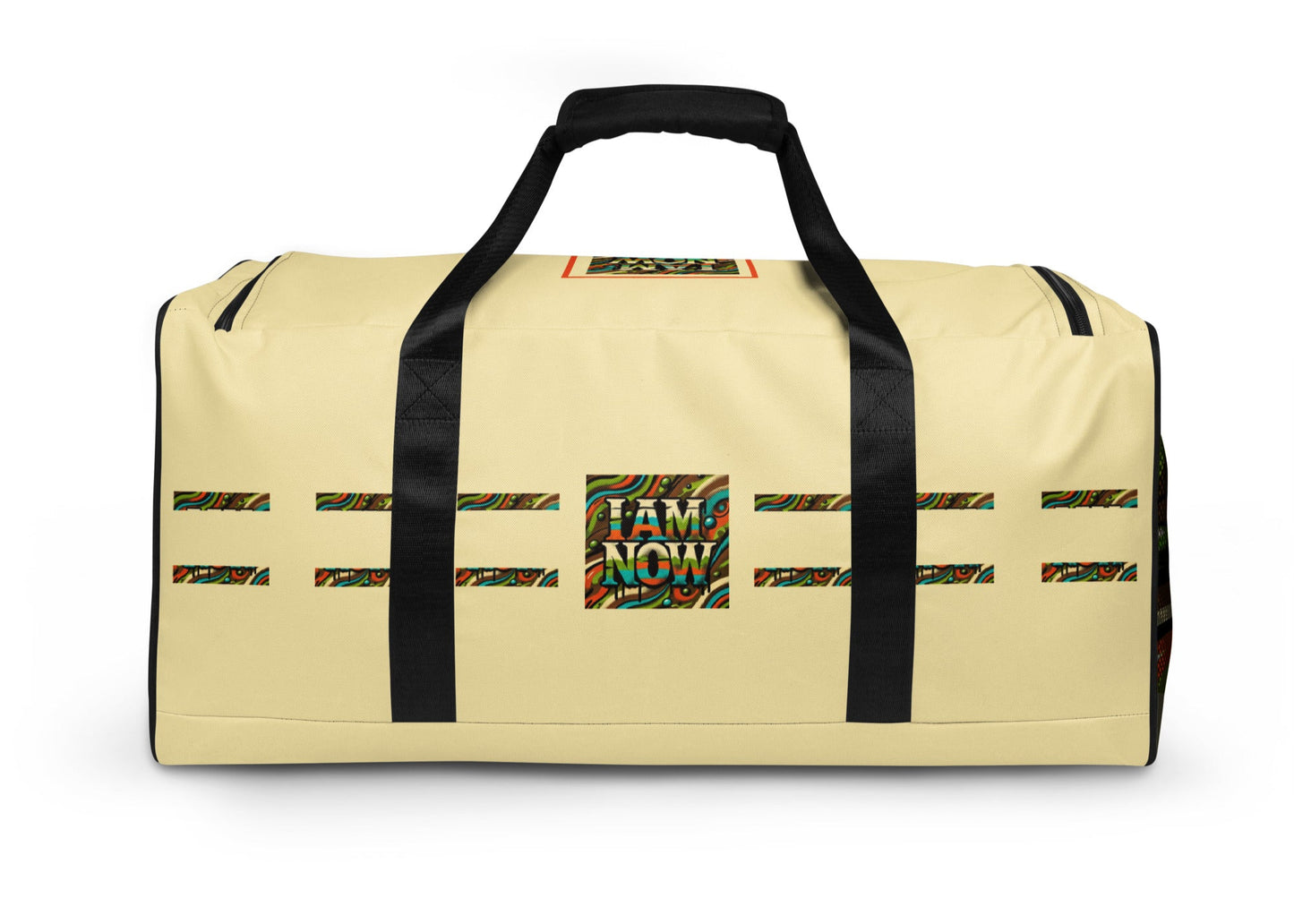 Back of beige duffle with 'I Am Now' green camou icon