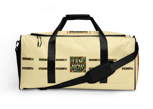 Front of beige duffle with 'I Am Now' green camou icon