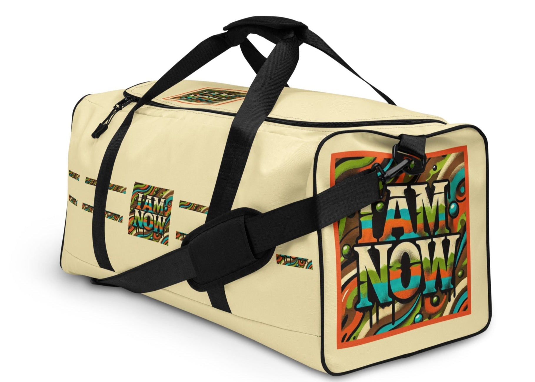 Left font of beige duffle with 'I Am Now' green camou icons