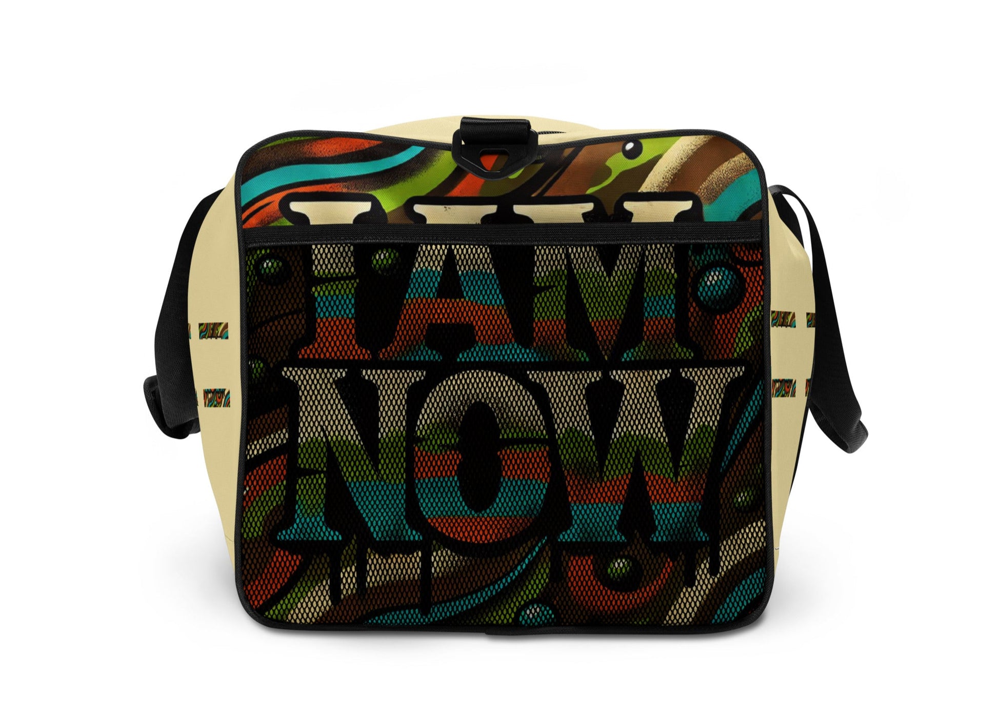 Right side of beige duffle with 'I Am Now' green camou icon