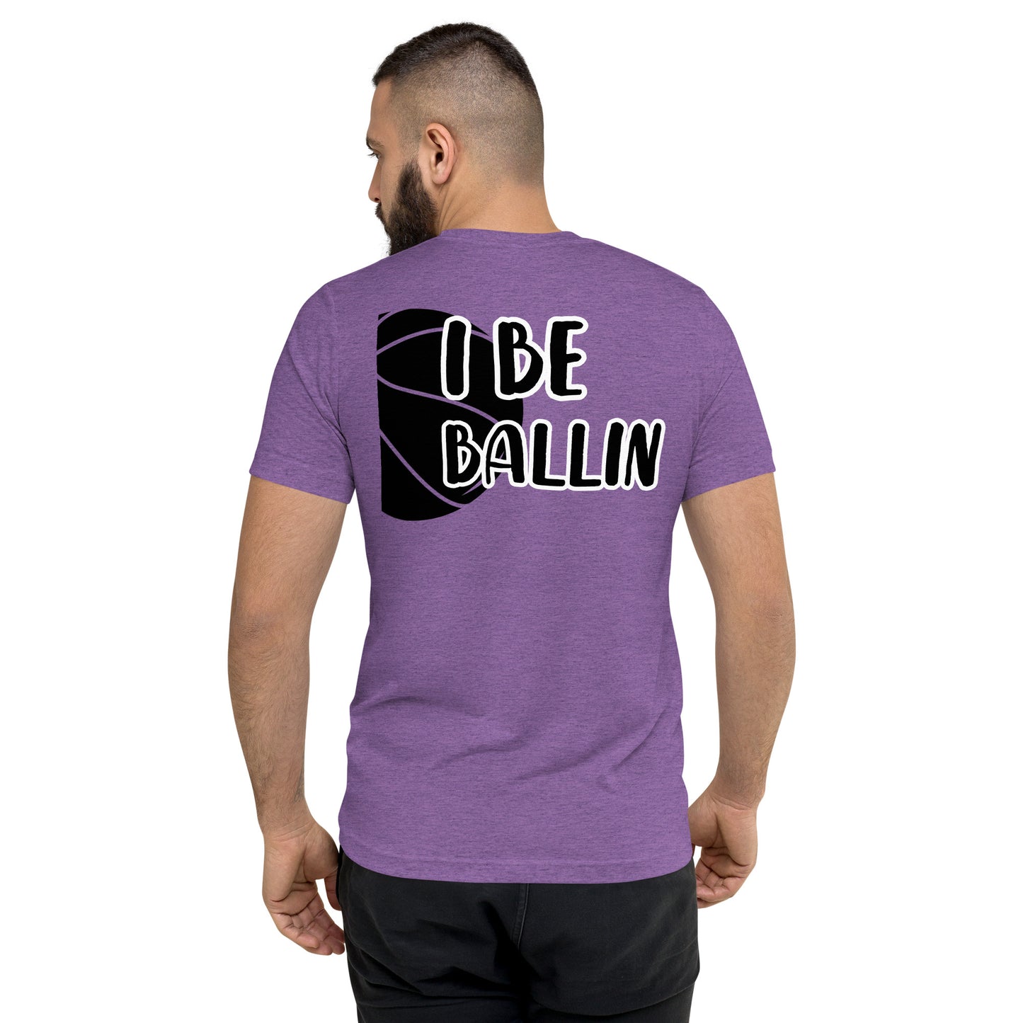 Back of purple t-shirt with image of black basket and black and white text saying 'I Be Ballin'