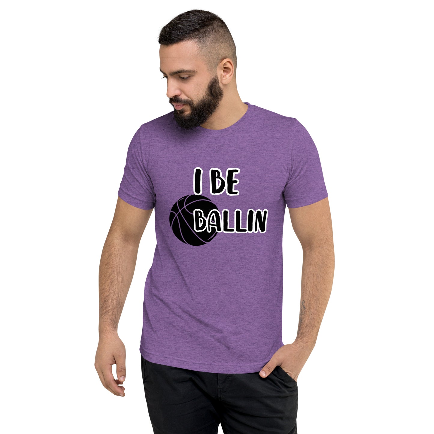 Front of purple t-shirt with image of black basket and black and white text saying 'I Be Ballin'