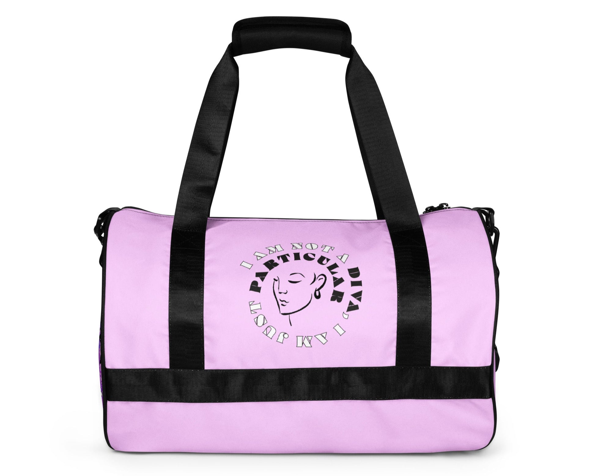 Back front of lilac gym bag with icon of woman's face and text saying 'I am not a diva, I am just particular'