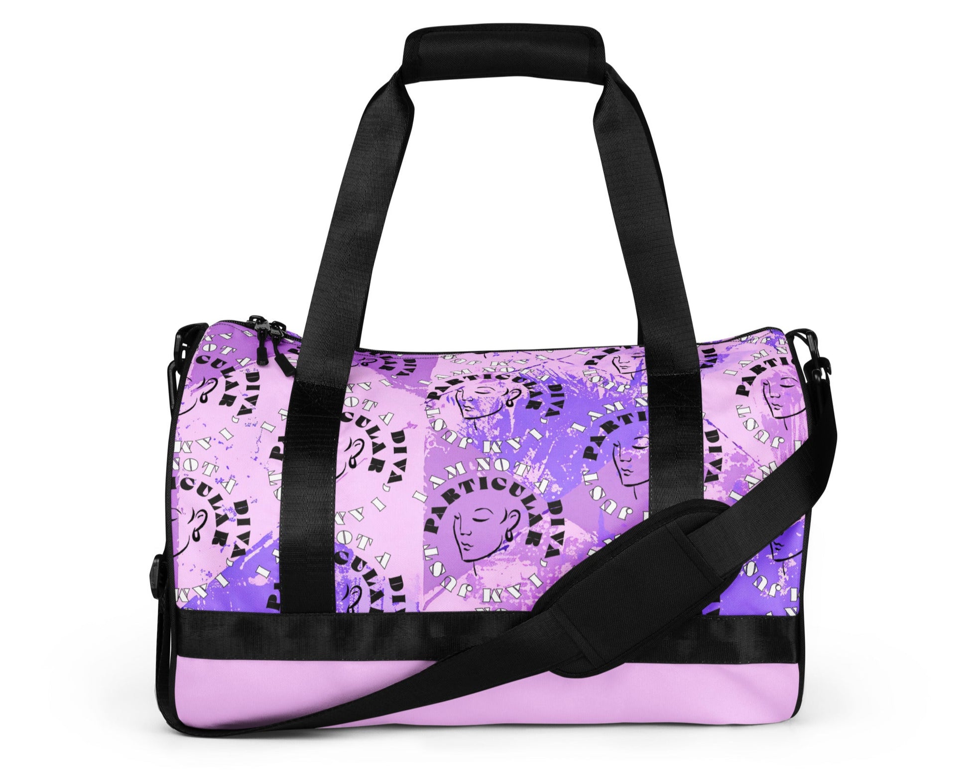 Front of lilac print gym bag with icons of woman's face and text saying 'I am not a diva, I am just particular'
