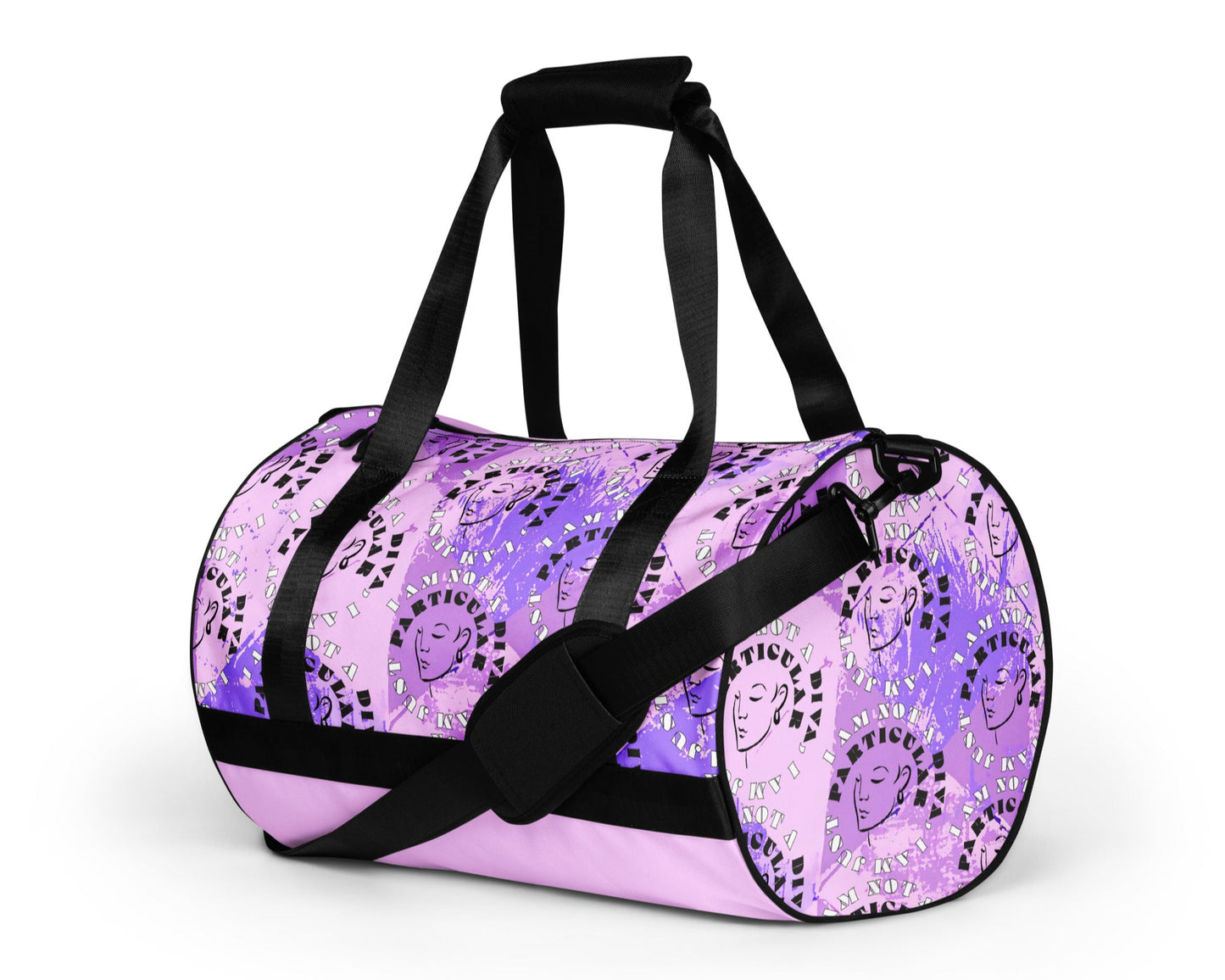 Left front of lilac print gym bag with icons of woman's face and text saying 'I am not a diva, I am just particular'