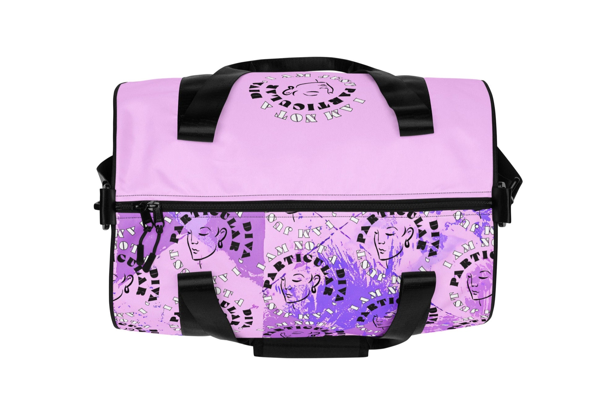 Top of lilac print gym bag with icons of woman's face and text saying 'I am not a diva, I am just particular'