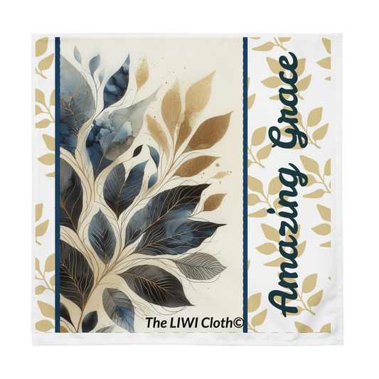 Front of Amazing Grace LIWI Lap cloth with blue and beige background with text saying 'Amazing Grace'