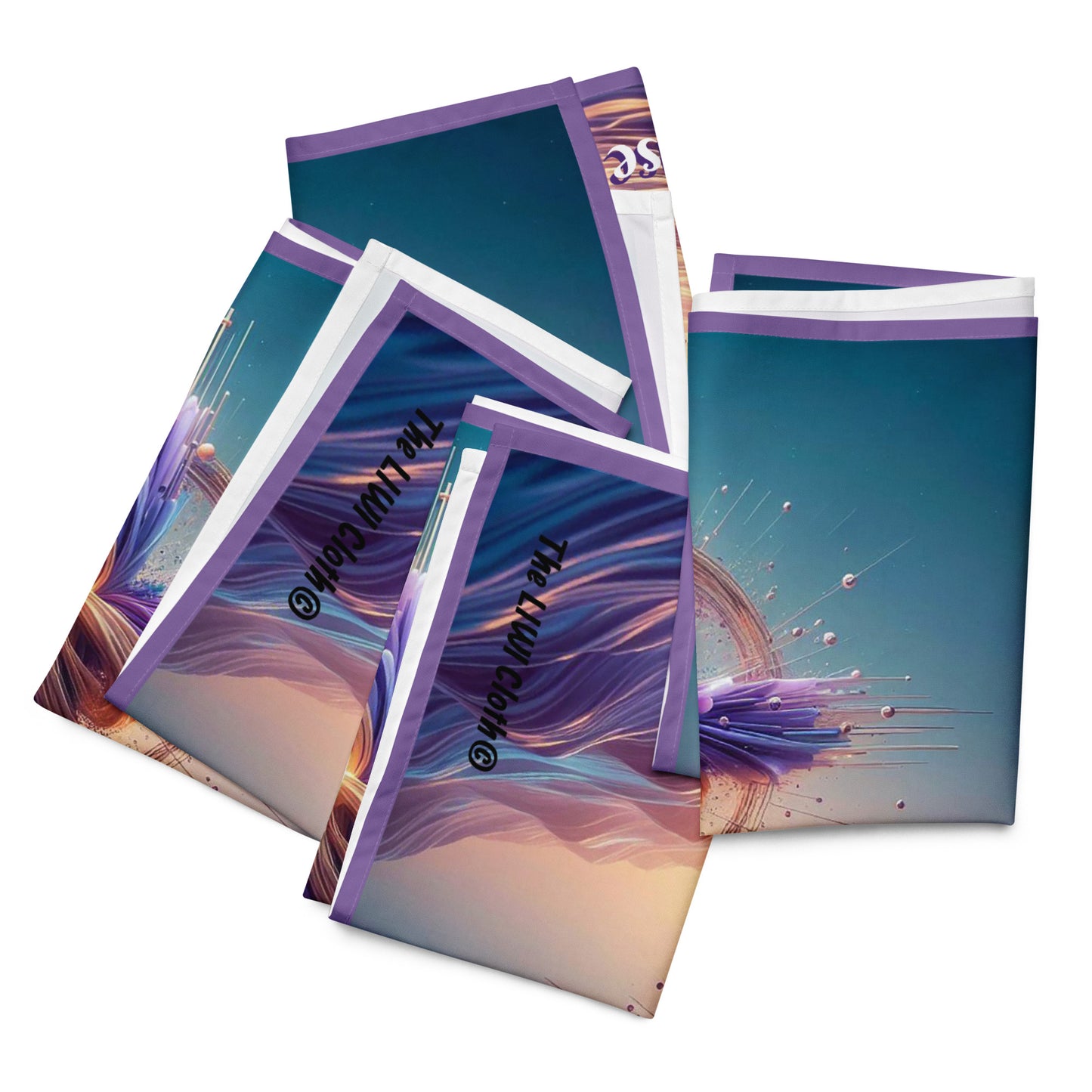 Front of four folded LIWI cloth with purple blue and beige background and cross