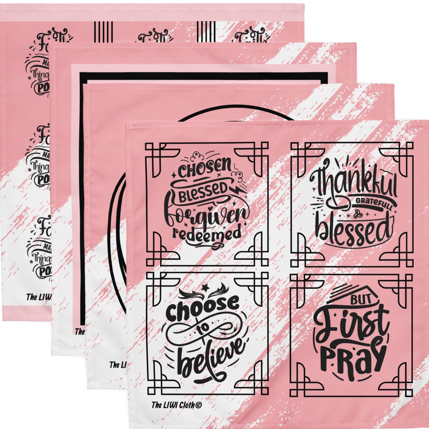 Front of 4 pink and white LIWI with four praises.