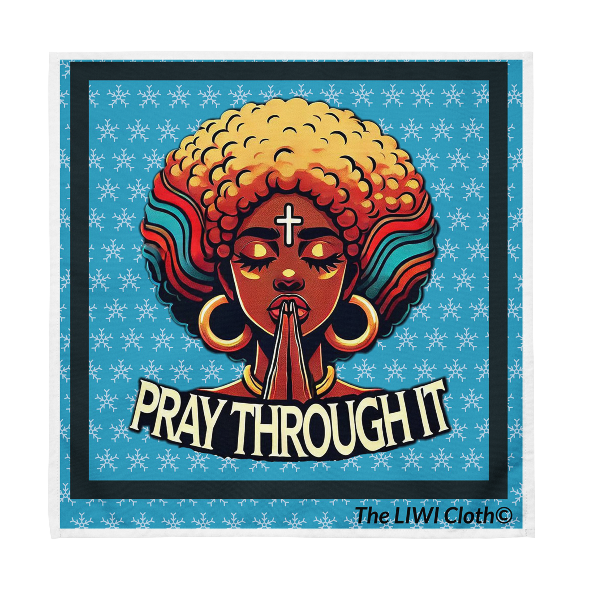 Front of Pray Through It LIWI cloth with blue starry background with African woman praying and text beneath saying 'Pray Through it"