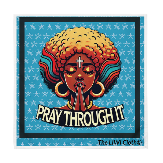 Front of Pray Through It LIWI cloth with blue starry background with African woman praying and text beneath saying 'Pray Through it"