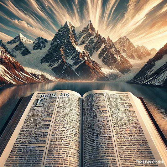 LIWI of Bible opened to John 3:16 levitating above a body of water and with image of mountains in the background. Image illustrates that God so loved the world that He gave his only begotten son.