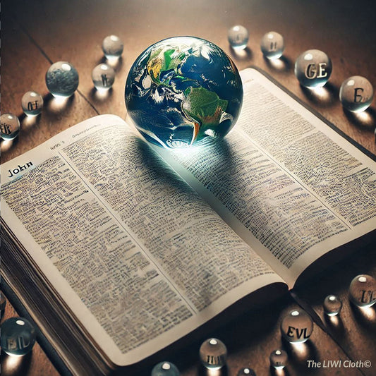 LIWI image of a Bible open ton the book of John and with a small marble globe of the earth sitting on it.  Small marbles with words surround the Bible. This illustrates God so love the world as written in John 3:16 of the Bible.