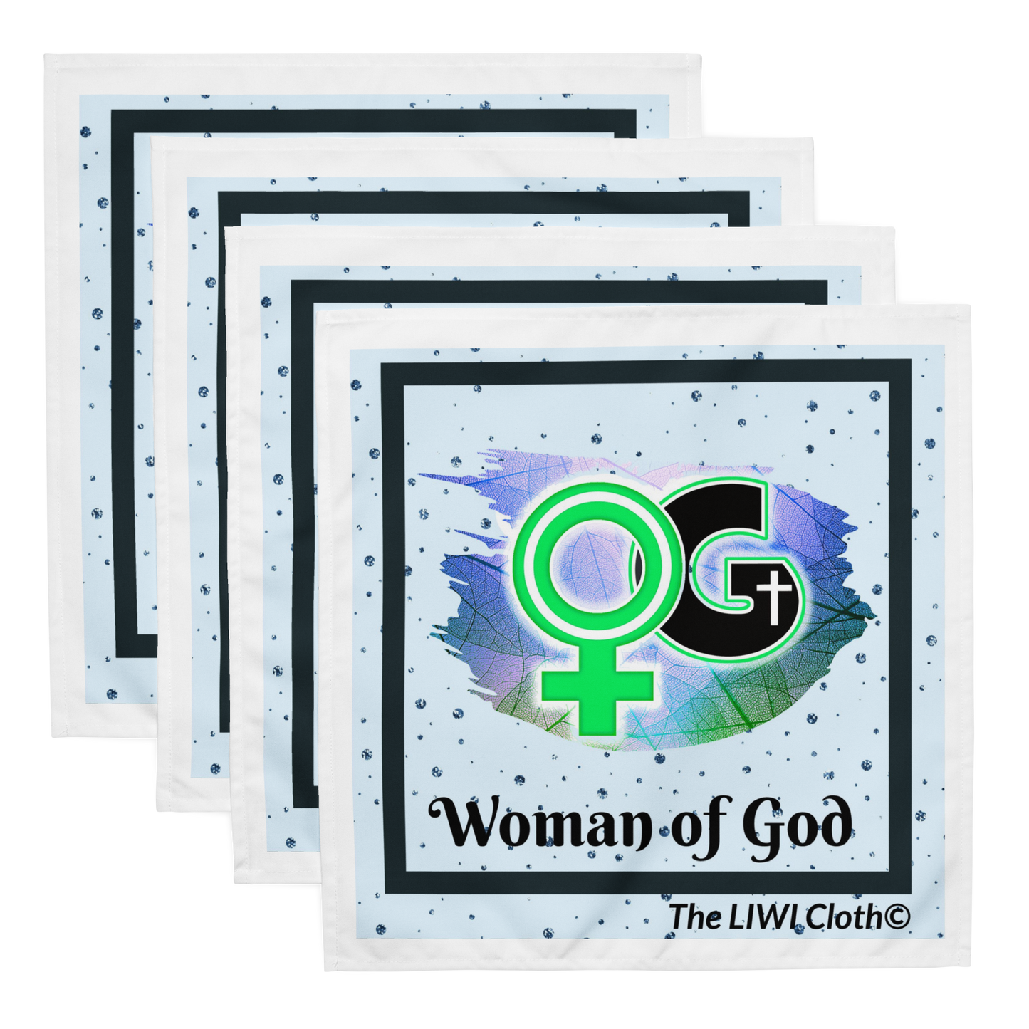 Front of set of Woman of God Liwi with blue speckled background and logo depicting 'Woman of God' and black text saying 'Woman of God'