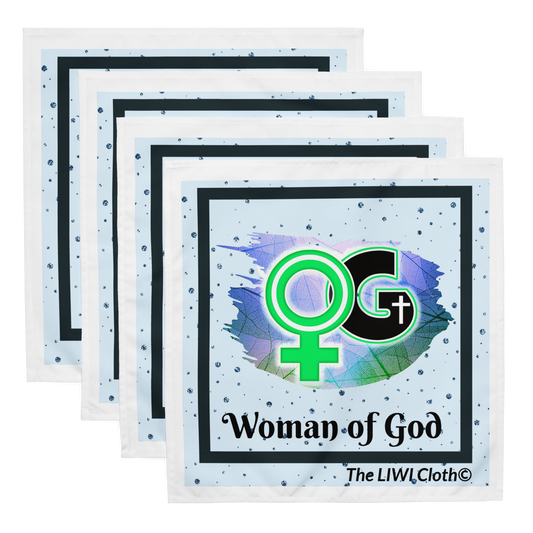 Front of set of Woman of God Liwi with blue speckled background and logo depicting 'Woman of God' and black text saying 'Woman of God'