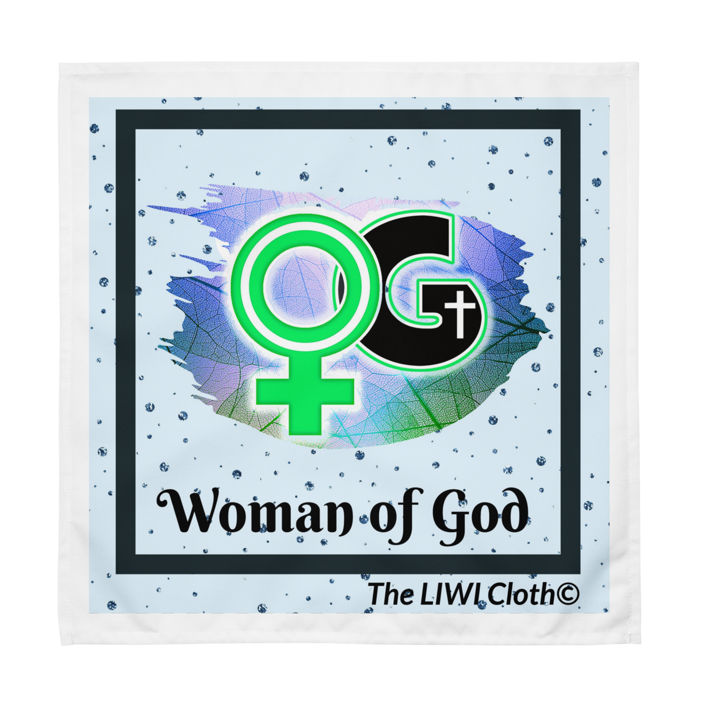 Front of Woman of God Liwi with blue speckled background and logo depicting 'Woman of God' and black text saying 'Woman of God'