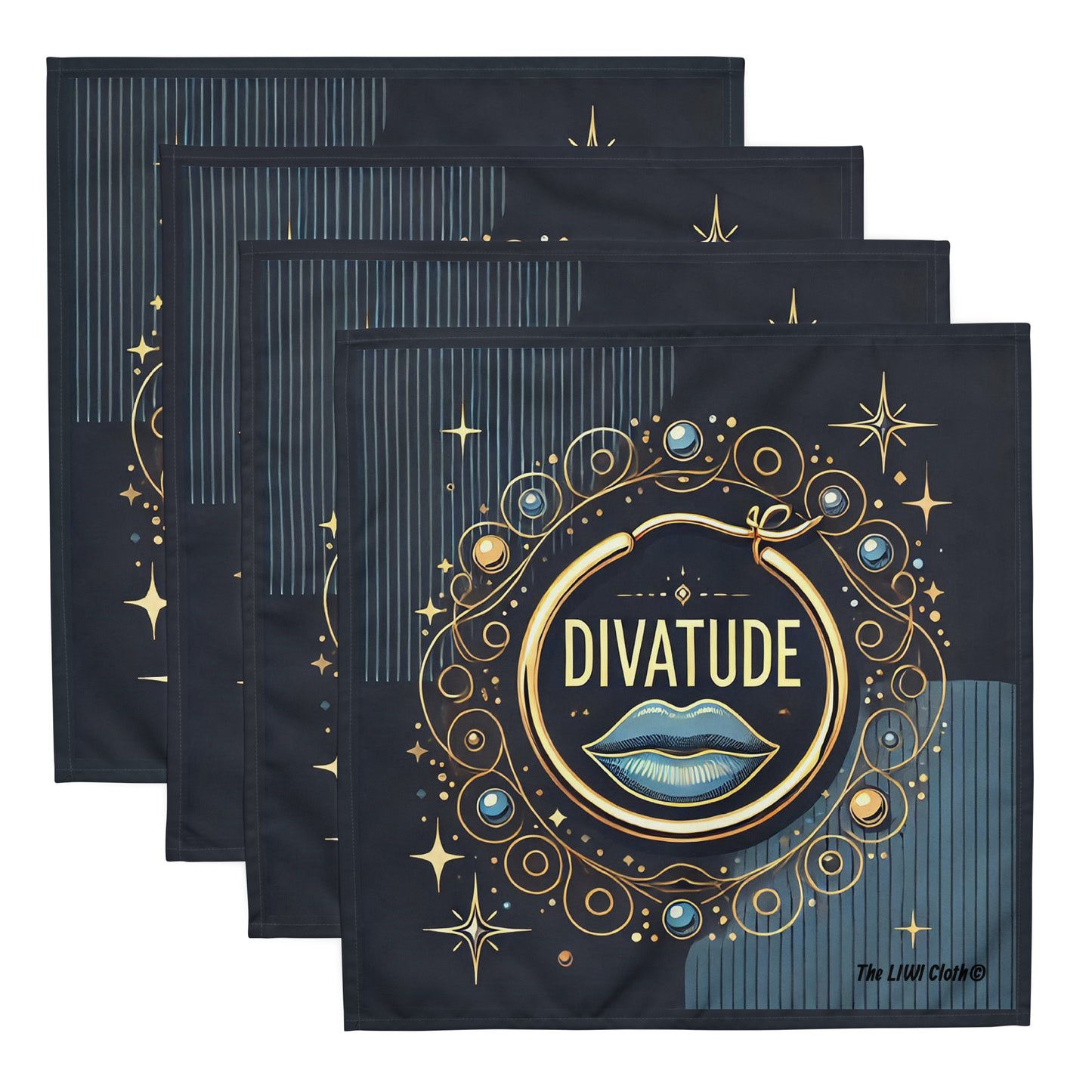 Front of four LIWI clothes with navy blue backgrounds and light blue and gold start accents, blue lips, gold hoop earring and text saying 'DivaTude'