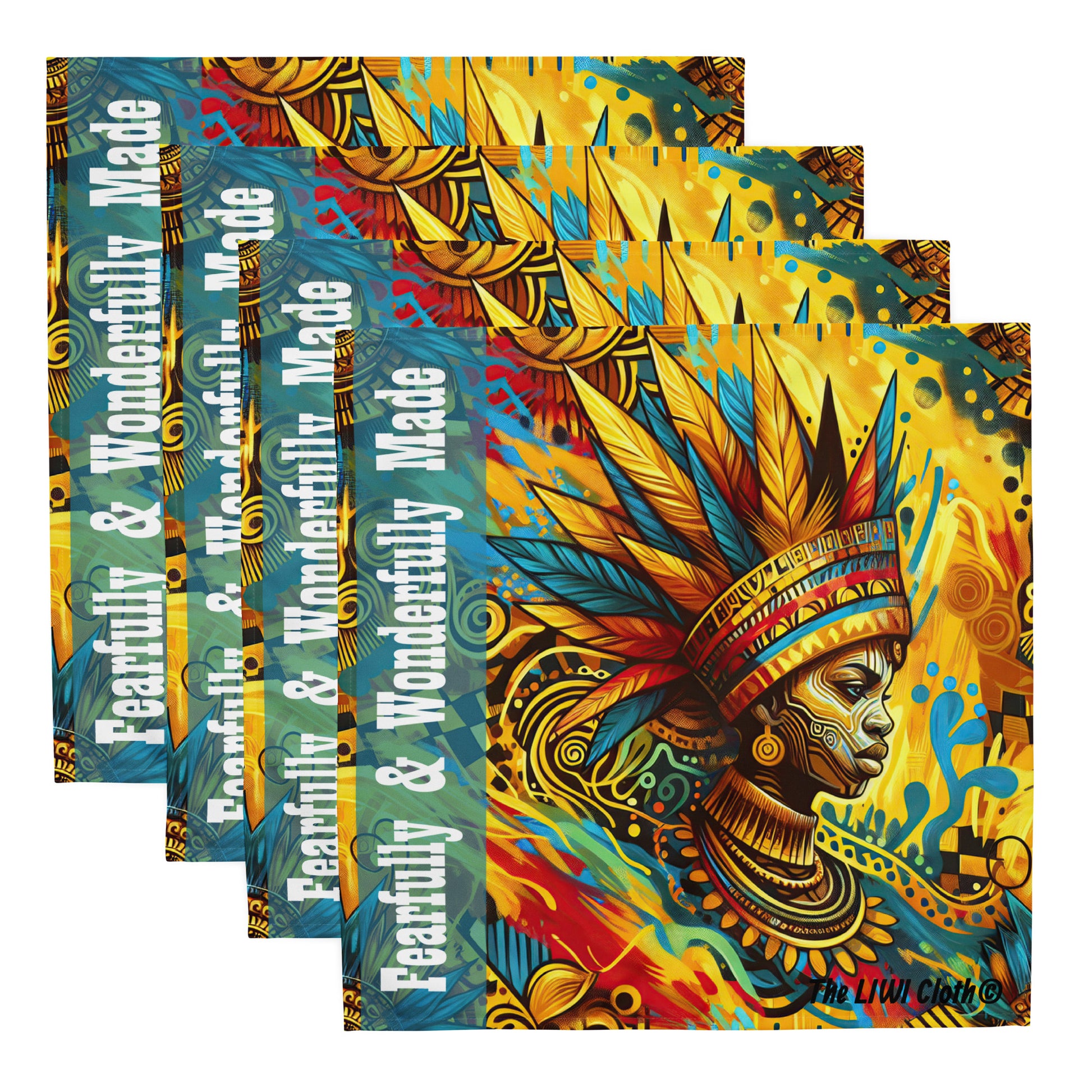 Front of four African themed LIWI Cloth with image of black woman wearing a crown with text saying 'Fearfully & Wonderfully Made' 