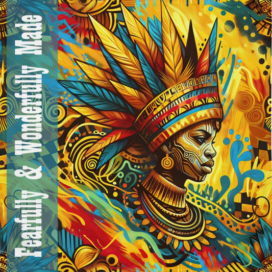 Front of African themed LIWI Cloth with image of black woman wearing a crown with text saying 'Fearfully & Wonderfully Made' 