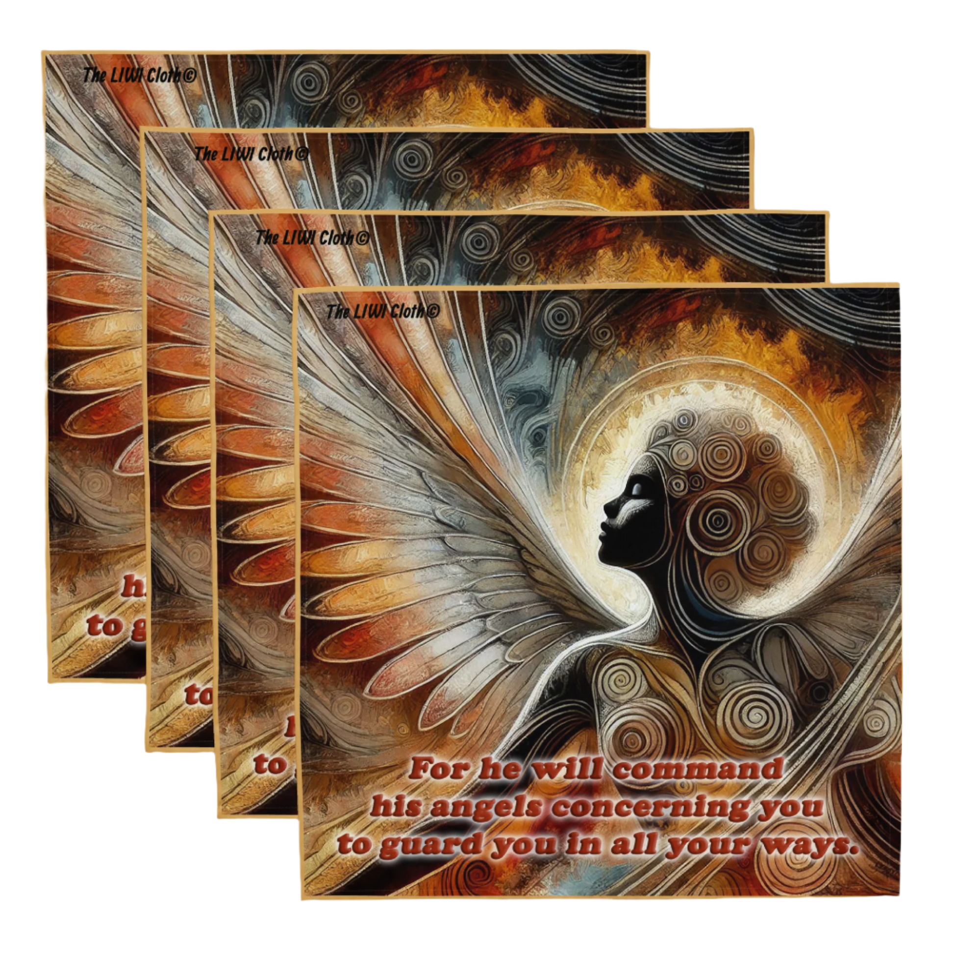 Front of four LIWI with angel represented in brown, orange, beige with Psalm 91:11 scripture