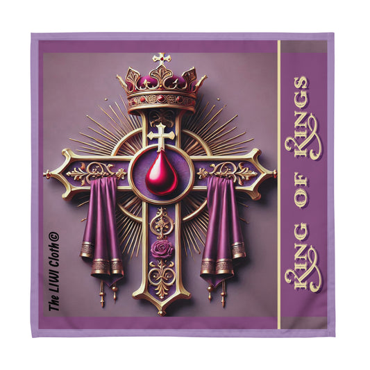 Front of LIWI cloth with purple background with cross, crown, robe, blood drop and text saying 'King of Kings'