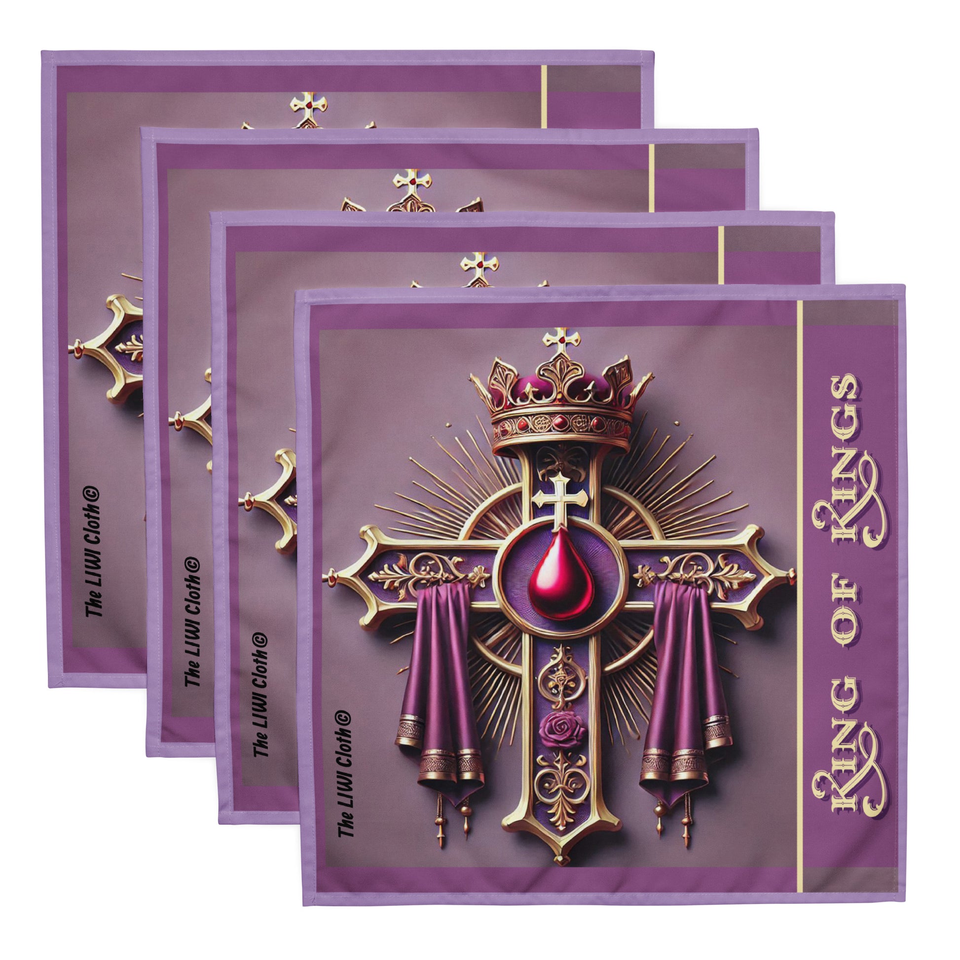 Front of four LIWI cloths with purple background with cross, crown, robe, blood drop and text saying 'King of Kings'