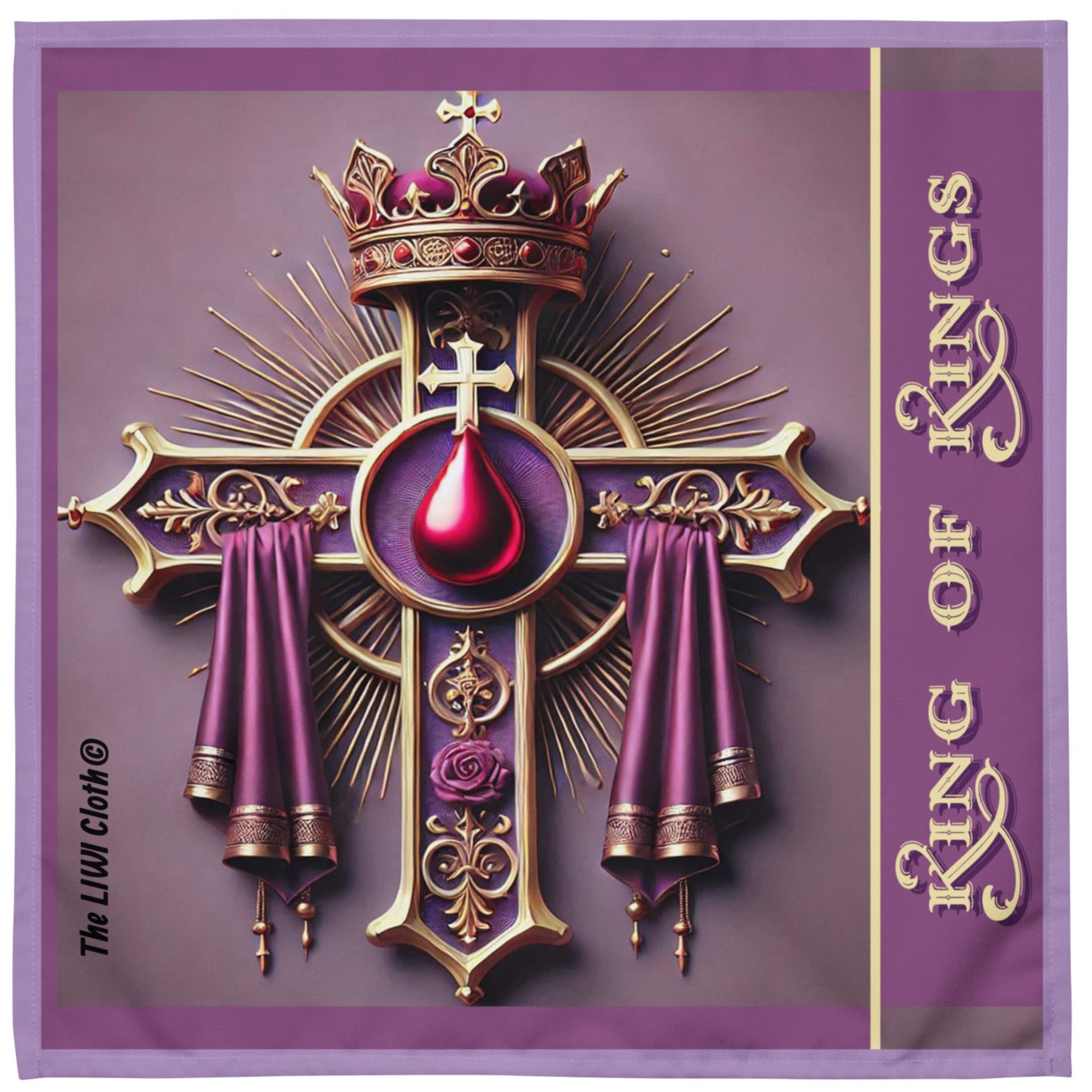 Front of LIWI cloth with purple background with cross, crown, robe, blood drop and text saying 'King of Kings'