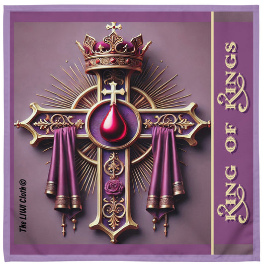 Front of LIWI cloth with purple background with cross, crown, robe, blood drop and text saying 'King of Kings'