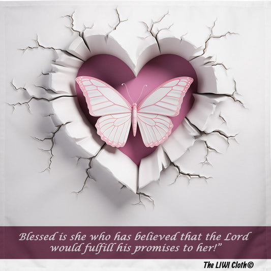 Front of LIWI cloth with purple butterfly in center on white background with scripture, Luke 1:45