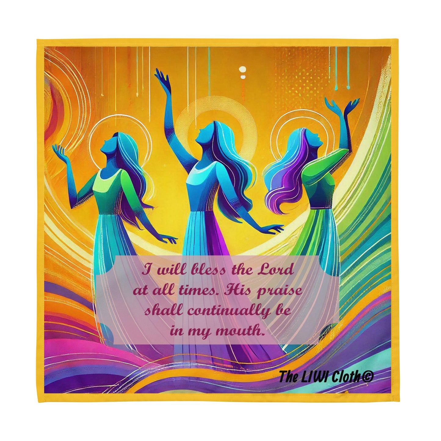 Front of praise dancing LIWI cloth with yellow, blue and purple background, three women praise dancers