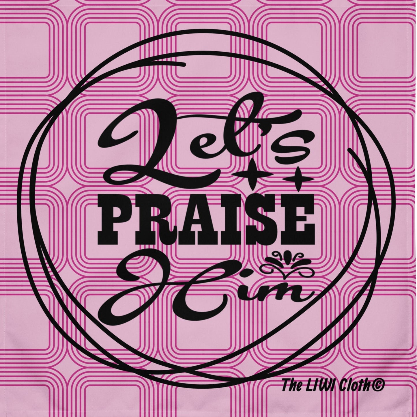 Front of LIWI with text saying 'Let's praise him' over purple and lilac squares print background