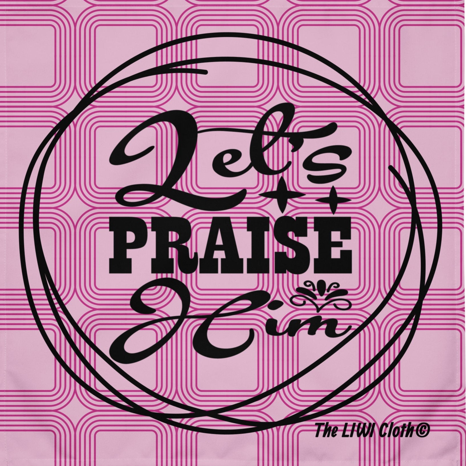 Front of LIWI with text saying 'Let's praise him' over purple and lilac squares print background