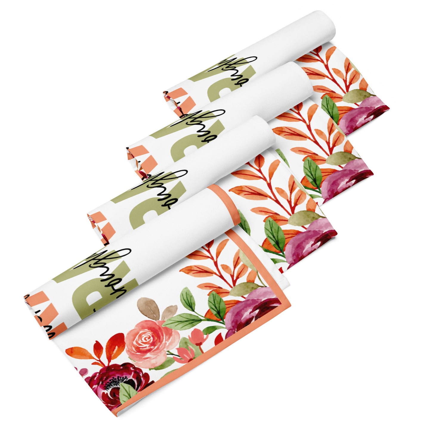 Four rolled Pray LIWI Cloth with white and flowered print and text saying 'Pray' in maroon, in peach, and in green and black text saying, 'on it', 'over it', 'through it',